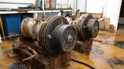 A large industrial-style water pump in a residential basement with burnt wiring and corrosion.