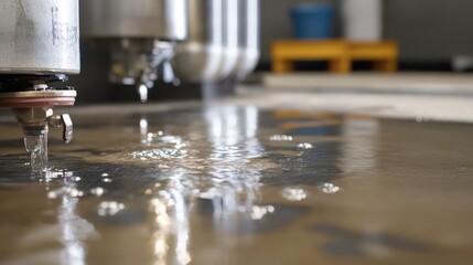 A leaking pressure valve on a water pump system causing water to trickle down onto the concrete floor.