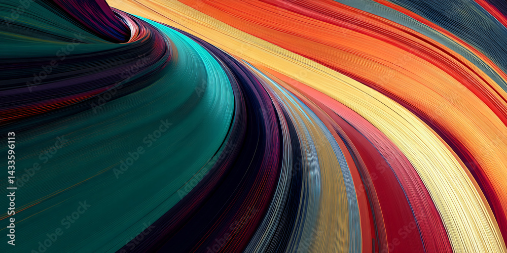 Poster abstract swirling lines in teal, red, orange, and yellow hues create a dynamic, energetic visual, su