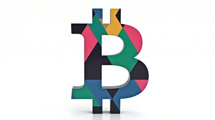 Obraz premium Stylized Bitcoin symbol with vibrant geometric patterns in blue, green, pink, yellow, and black on a white background. A modern, artistic crypto-inspired design.
