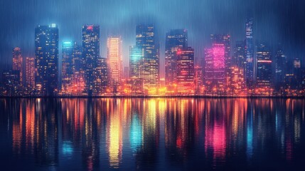 Fototapeta premium Cityscape glitters with reflected light, rain creates atmospheric mood on modern urban panorama.