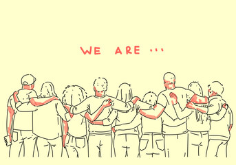 Group of people line drawing with simple color sketch vector illustration. Outline people relationship, business team, employees, diversity, togetherness, social concept.