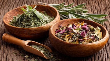 Rustic wooden bowls with dried herbs and flower petals on a wooden surface