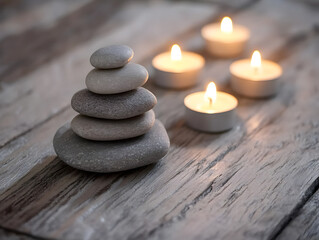 Obraz na płótnie Canvas Tranquil spa scene with candles and pebbles on wooden surface for self-care themes
