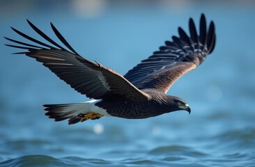 Obraz premium image of a majestic Sea Eagle in mid-flight over a crystal-clear blue water lake,