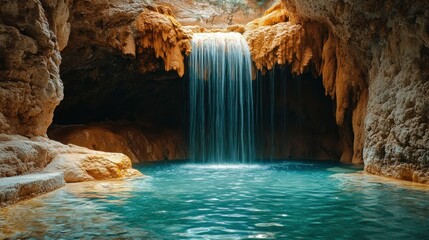 Naklejka premium Waterfall cascading into a cave pool