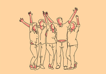 Group of people line drawing with simple color sketch vector illustration. Outline people relationship, business team, employees, diversity, togetherness, social concept.