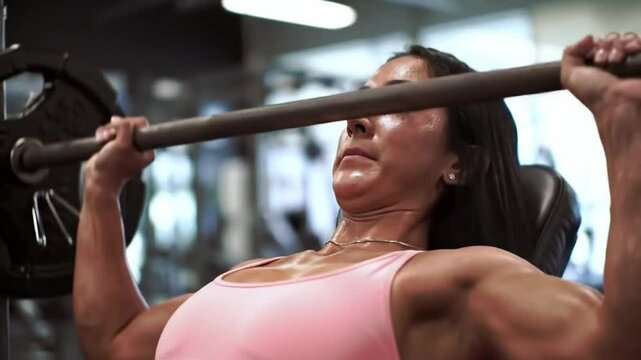 Young female athlete, exercise on the bench press in the gym