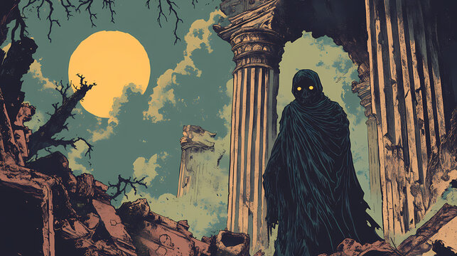 Mysterious wraith in ornate ruins. Wraith Column. Illustration