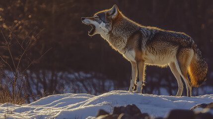 Obraz premium Wolf Howling in Snow: A solitary wolf stands tall on a snow-covered ridge, its muzzle raised in a powerful howl, its eyes locked on the horizon. The golden glow of the setting sun casts long shadows.