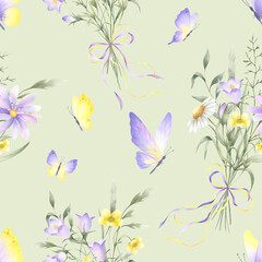 Wildflowers bellflower, buttercup and meadow grasses in bouquets tied ribbon bow and butterflies. Seamless floral watercolor pattern on light green. Hand drawn illustration in yellow and lilac colors