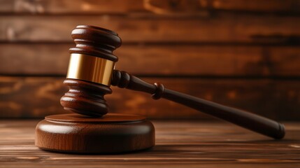 Close-up of a judge's gavel on a wooden surface.