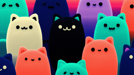 Cute cartoon cats in pastel colors sitting together on a white background