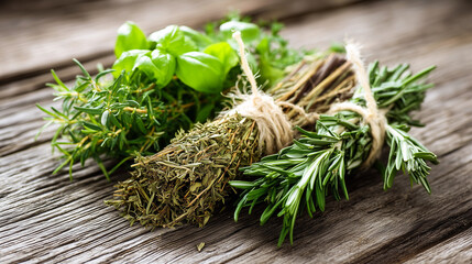 Rustic wooden bowl with dried herbs on a textured wooden surface