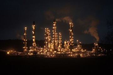 Fototapeta premium Smoke billowing from illuminated chimneys of an oil refinery plant at night creates a dramatic contrast against the dark sky, highlighting the industrial activity