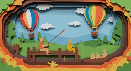 Intricate layered paper craft illustration depicting a scenic outdoor landscape with people fishing, boating, and hot air balloons