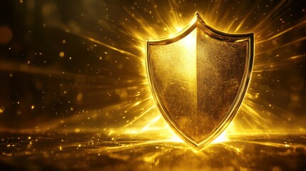 Fototapeta premium Golden shield radiates brilliance, symbolizing ultimate protection, unwavering security, elegant assurance, shimmering in abstract decorative form.