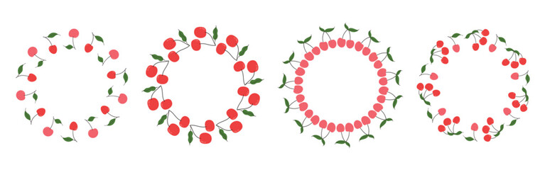 Cherry. Themed fruit frame set with copy space. Circular template featuring a hand drawn doodle border. Ideal for summer posters, banners, invitations, packaging, and branding.
