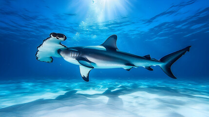 Obraz premium Hammerhead Shark Swimming in the Deep Blue Ocean Beneath Bright Sunlight Through Turquoise Waters