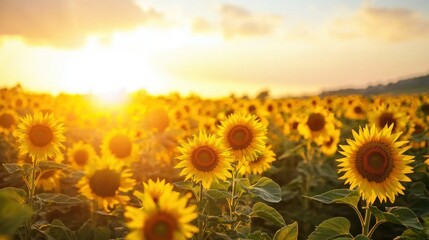 Obraz premium A sunrise over a sunflower field with bright golden tones.