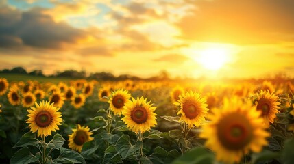 Obraz premium A sunrise over a sunflower field with bright golden tones.