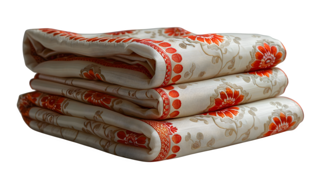 Bangladeshi jamdani saree in white and red, folded and framed for layout, isolated  