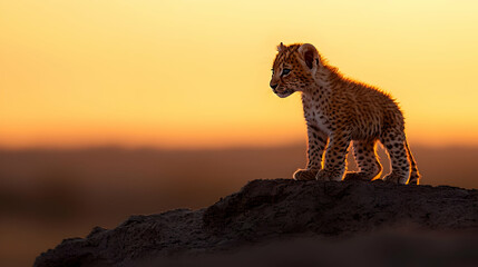 Golden Hour Leopard Cub Standing on Hilltop Silhouette Against Sunset Sky in African Savanna