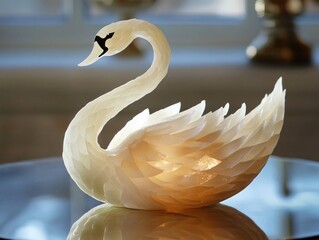 Obraz premium A beautiful swan-shaped carving made from a watermelon, gracefully displayed.