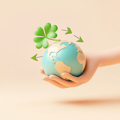 3D icon of a hand holding a clover leaf and a globe with arrows around it, isolated on a light background