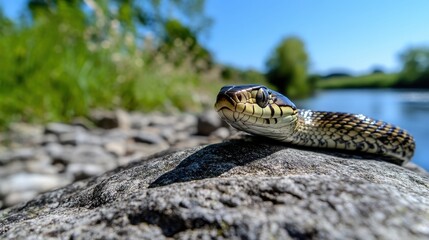 Obraz premium Close-Up of a Snake Resting on a Rock by a Calm Riverbank