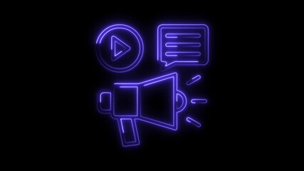 Neon style announcement marketing communication video with play button and message bubble animated against a black background