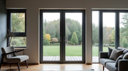 Fototapeta premium interior luxury apartment comfortable suite lounge. Panoramic doors of the house with an exit to the street with a green lawn. Stylish interior of the house in black colors with wood.