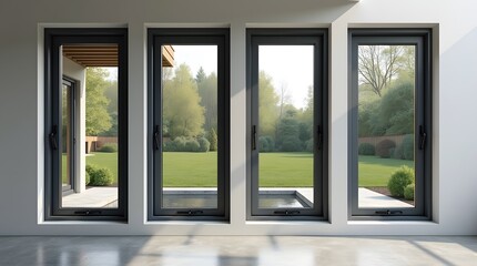 Obraz premium Four panoramic windows in the hallway of the house overlooking the green lawn in front of the house. Stylish interior of the house with panoramic windows.
