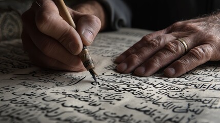 Experienced calligrapher carefully writing intricate arabic letters on aged parchment using traditional reed pen, highlighting cultural artistic skills and delicate craftsmanship