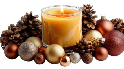 Candlelight and Festive Decor: A flickering candle radiates warmth and light amidst a captivating arrangement of pine cones and shimmering baubles.