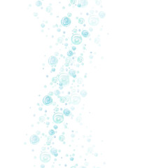 Turquoise and blue water bubbles of different sizes and tones in chaotic order. Vertical seamless border. Hand drawn watercolor illustration isolated from background for nautical and marine design.