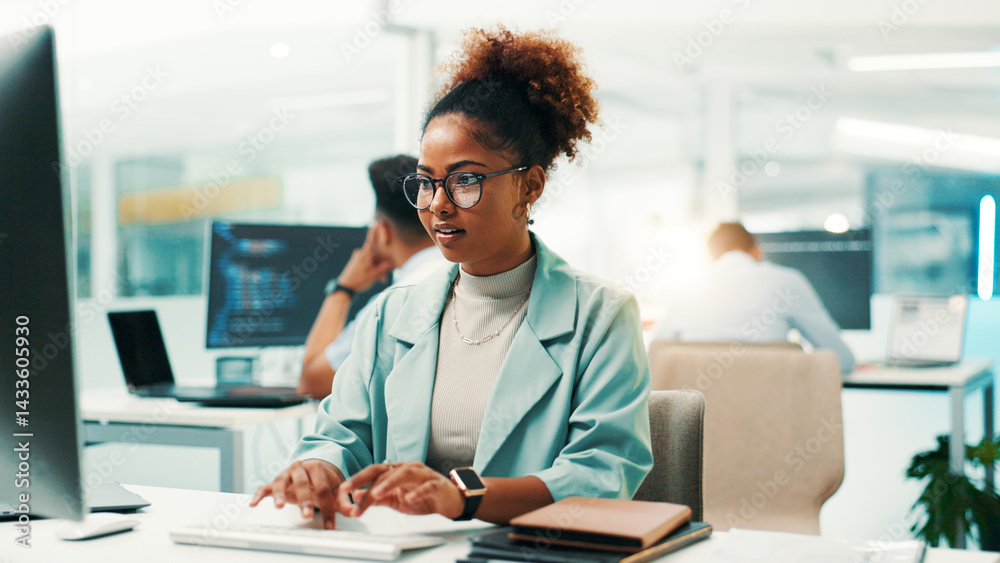 Poster Programmer, woman and typing on computer in office for software development, code debugging and testing app. African person, employee and technology for database troubleshooting or system maintenance