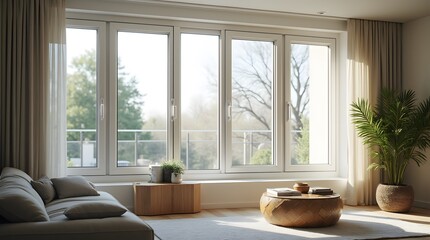 Large room in the house with panoramic windows with access to the terrace. Living room of the house with panoramic windows overlooking the park green area.