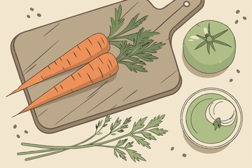 83 Wooden cutting board, Fresh carrots, Green heirloom tomato, Rustic kitchen scene, Overhead view, Natural light, Organic produce, Minimalist composition, Farm-to-table ingredients, Muted earth tones