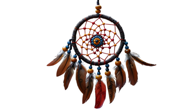 Boho dreamcatcher necklace with feather accents and beads, hanging view, white background  