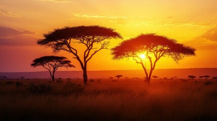 Fototapeta premium A sunset over the African savanna with silhouetted acacia trees.