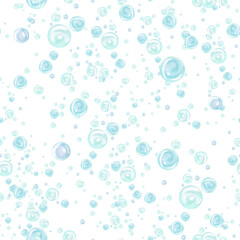 Seamless pattern with watercolor turquoise and blue water bubbles of different sizes and tones in chaotic order. Hand drawn illustration isolated from background for nautical and marine designs.