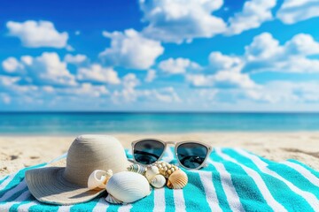 Beach Accessories on a Striped Towel (1)
