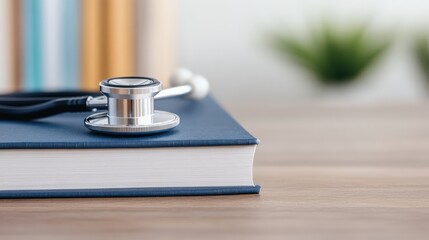 Close-Up of Stethoscope Resting on a Hardcover Medical Book with Blurred Background and Plant in Focus for Healthcare and Education Themes