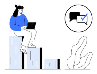 Fototapeta premium Woman on laptop seated on bar graph, speech bubble with checkmark symbolizing success and communication. Ideal for teamwork, productivity, networking, collaboration, progress, feedback, simple