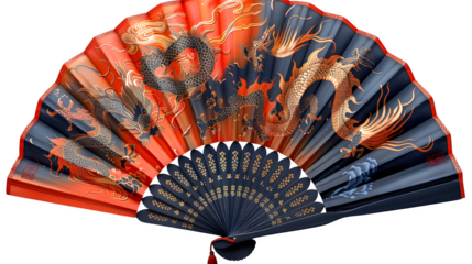 Chinese silk fan with dragon motif, fashion accessory from Qing era, isolated floating PNG --ar 16:9 --v 6.0 --s 750 --raw