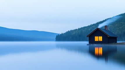 Fototapeta premium A serene lakeside cabin surrounded by misty mountains, reflecting in calm waters, evoking tranquility and solitude.