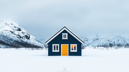 A solitary blue house with an orange door stands amidst a snowy landscape, surrounded by mountains under a cloudy sky.