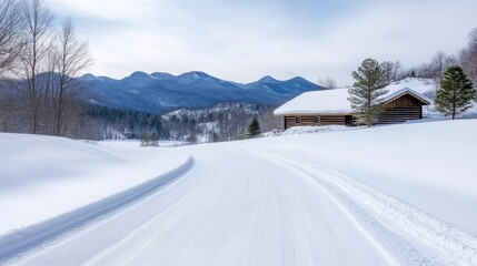 Snowy Trail Wooden Cabin Winter Landscape High-resolution crisp detail Winding path perspective Serene snowy scene Mountain backdrop Cool blue white tones Ideal for winter travel brochures