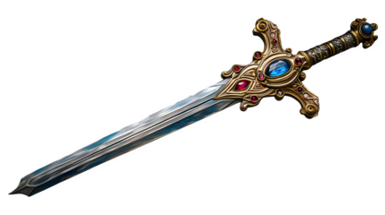 Cosplay sword prop with jewel-encrusted hilt, diagonally placed, white background  